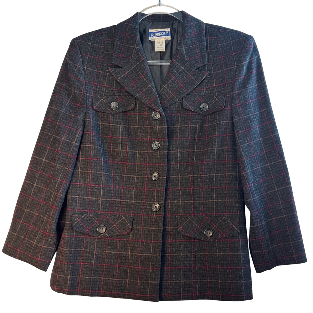 Pendleton‎ Women's 8 Gray Plaid 100% Virgin Wool Blazer Jacket Classic USA Vtg